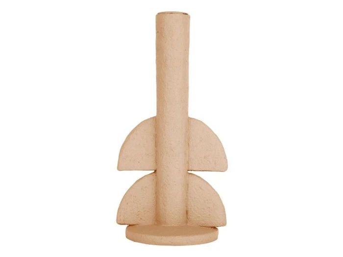 En beige, struktureret, cylindrisk vase med to halvcirkelformede figurer på hver side og en rund base, vist på en hvid baggrund.