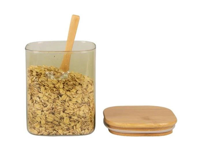 Columbine, Canister square, opbevaringskrukke m. ske, Lille, Grøn, H: 13 x B: 10 L: 12 cm