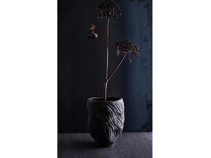 En mørk, skulpturel vase holder høje, tørrede blomster mod en stemningsfuld, mørk baggrund. Scenen er minimalistisk og dramatisk.