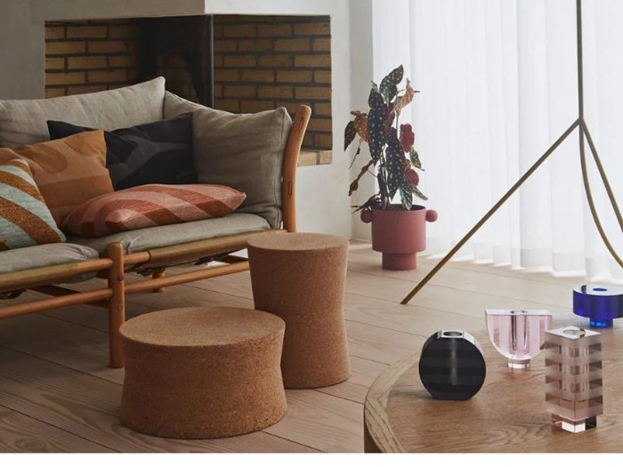 En hyggelig stue med en polstret træsofa, to korkskamler, en potteplante og dekorative genstande på et træbord nær et vindue med gennemsigtige gardiner.