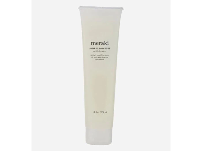 En tube Meraki Sugar Oil Body Scrub med et enkelt, minimalistisk design og sort tekst på hvid baggrund.