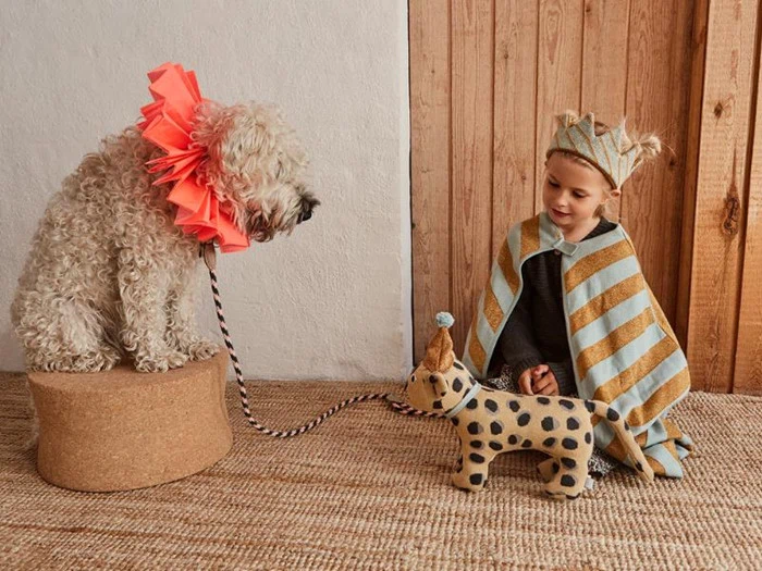Et barn med krone og stribet kappe sidder på gulvet med et tøjdyr i hånden, mens en krøllet hund med lyserød krave sidder på en piedestal i nærheden.