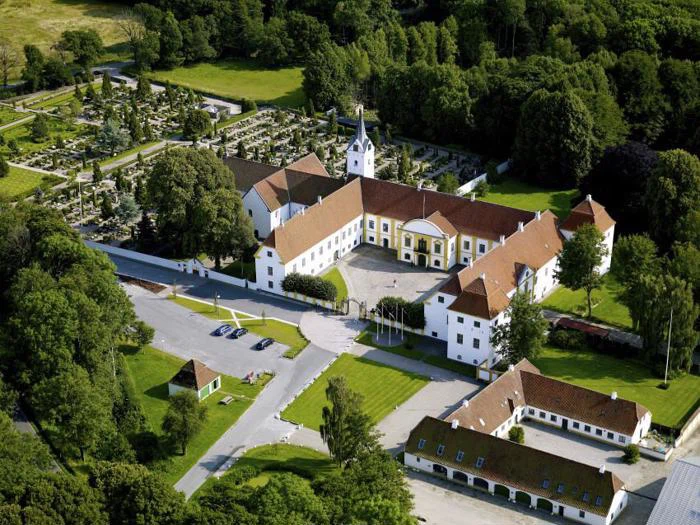 Luftfoto af en stor historisk bygning med røde tage, hvide mure, et klokketårn, omgivende grønne områder, haver og tilstødende parkeringsplads.