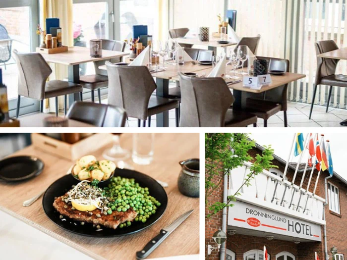 Collage med en moderne hotelrestaurant, et tallerkenmåltid med kartofler, ærter og kød og Dronninglund Hotels facade med internationale flag.