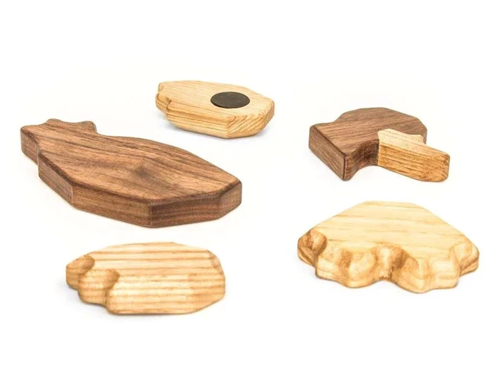 Fem små, unikt formede trægenstande med forskellige nuancer og åretegninger er anbragt på en hvid flade. Et stykke har en sort, cirkulær magnet påsat.