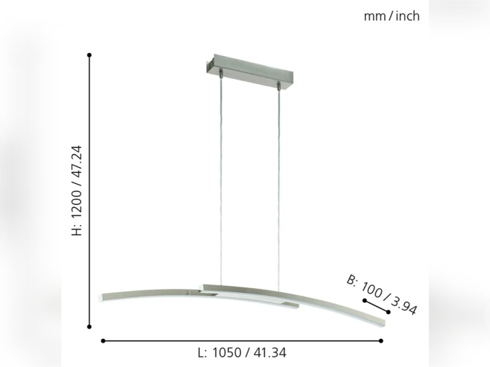 Moderne loftspendel med to buede stænger, ophængt i wirer. Dimensioner: Højde 1200 mm (47,24), længde 1050 mm (41,34) og bredde 100 mm (3,94).