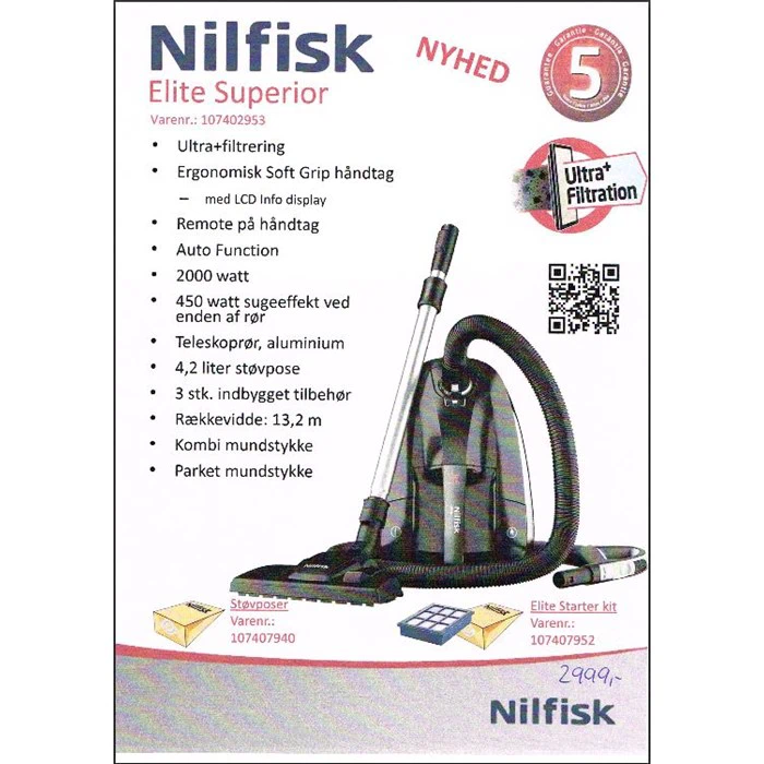 En Nilfisk Elite Superior-støvsuger med tilbehør vises. Funktioner, specifikationer og billeder af tilbehør vises sammen med dansk tekst og et rødt NYHED-mærke.