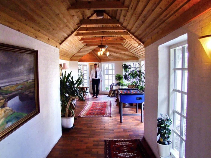 En mand i formelt tøj står for enden af en solbeskinnet gang med potteplanter, tæpper, et bordfodboldbord og vinduer langs den ene side.