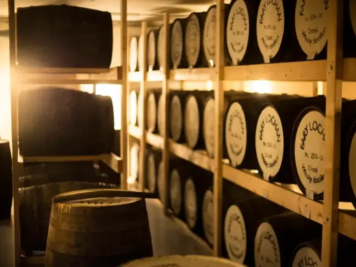 Træfade, der lagrer på stativer i en svagt oplyst kælder med sollys, der strømmer ind fra venstre. Tønderne er mærket med oplysninger om destilleriet.