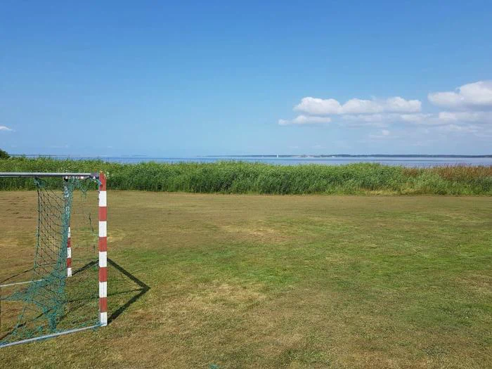 Et lille fodboldmål står på en græsmark ved siden af høje grønne siv, med en rolig blå sø og en klar himmel med spredte skyer i baggrunden.