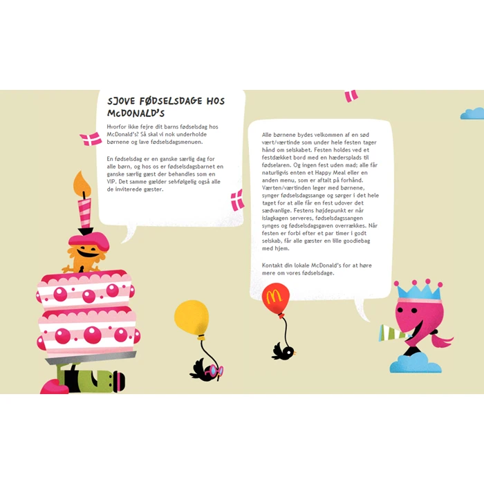 Farverig illustration med et glad barn i kagekostume, tegneseriefugle med balloner og festpynt ved siden af dansk tekst om børnefødselsdage på McDonalds.