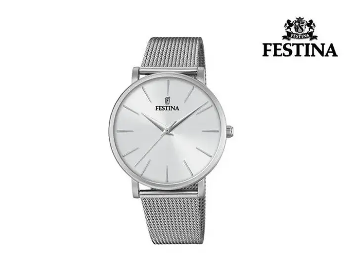 Sølvfarvet Festina-armbåndsur med mesh-rem og minimalistisk sølvfarvet urskive med enkle timemarkeringer. Festina-logoet ses på urskiven og i øverste højre hjørne.