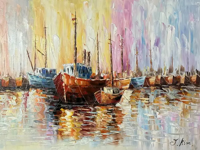 Farverigt impressionistisk maleri af både, der ligger til kaj i en marina med levende refleksioner i vandet og en pastelfarvet himmel i baggrunden.