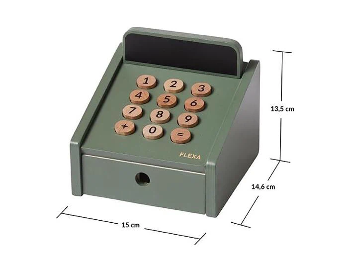 Grønt legetøjskasseapparat med træknapper, mærket med tal og symboler, vist med mål: 13,5 cm højt, 14,6 cm dybt og 15 cm bredt.