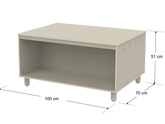 Rektangulær beige opbevaringsboks med fire korte ben, åben front og målangivelser: 100 cm bred, 70 cm dyb og 51 cm høj.