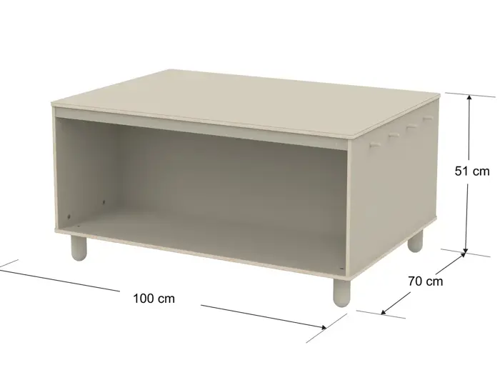 Rektangulær beige opbevaringsenhed med fire ben, åben front og mærkede mål: 100 cm bred, 70 cm dyb og 51 cm høj.
