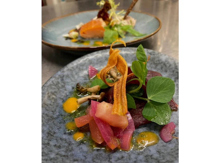 Et nærbillede af en gourmetret med farverige grøntsager, mikrogrønt og sauce, med en anden tallerken sløret i baggrunden.