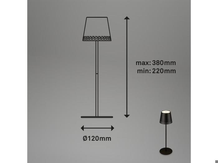 Diagram over en gulvlampe med mål: højde justerbar fra 220 mm til 380 mm, foddiameter 120 mm. Et foto af lampen vises til højre.