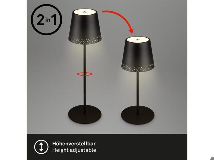 To sorte lamper med perforerede skærme; den ene er høj, den anden er kort. En pil viser, at den høje lampe kan justeres til en kortere højde. Tekst: 2 i 1, Höhenverstellbar Højdejusterbar.