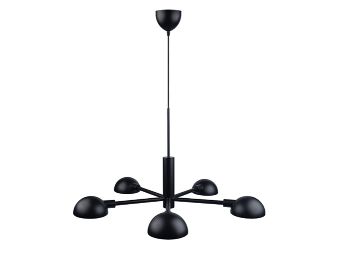 Moderne sort loftsarmatur med fem nedadvendte kuppelformede skærme arrangeret i et stjernemønster, ophængt i en central stang.