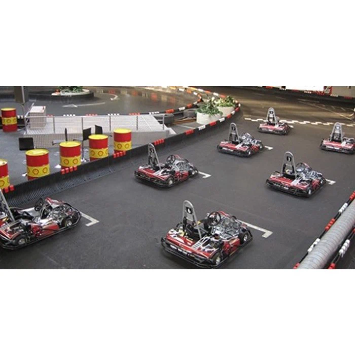 Flere gokarts er linet op på startgridden i en indendørs gokartbane, klar til et løb.