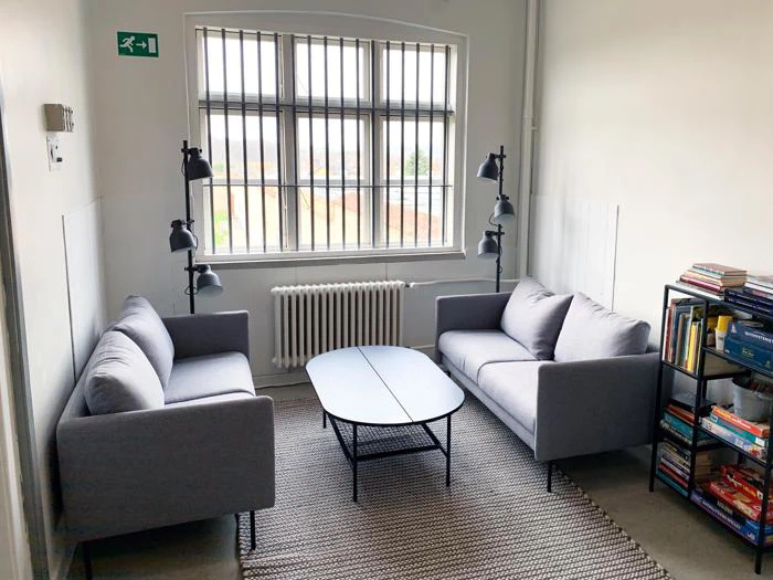 Et hyggeligt rum med to grå sofaer, et sort sofabord, et stribet tæppe, to sorte gulvlamper, en bogreol fyldt med bøger og et sprosset vindue, der lukker naturligt lys ind.