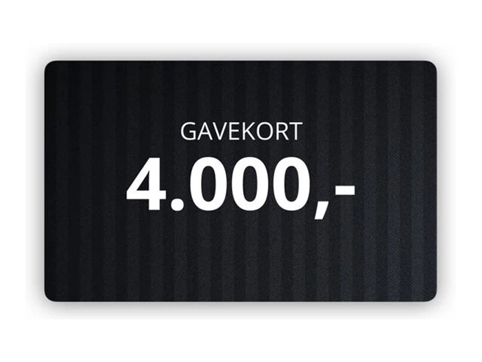 Et sort gavekort med ordet GAVEKORT og beløbet 4.000,- skrevet i hvid tekst.