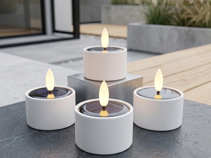 Nordic Flame, Outdoor, Solcelle, Fyrfadslys m. 3D flamme, Sæt m. 4 stk, Dia:5,3 x H:3,5 cm