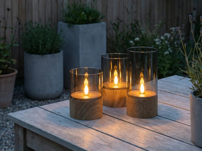 Nordic Flame, Outdoor, LED-lys, Brun, Glas, Sæt m. 3 stk., Dia:8xH:10 & Dia:8xH:12,5 & Dia:8xH:15 cm