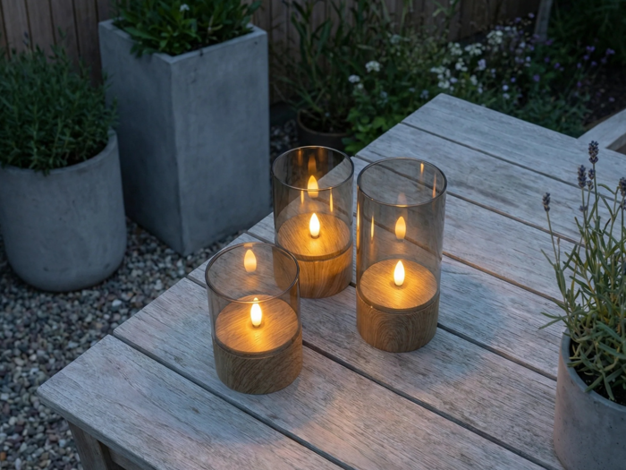 Nordic Flame, Outdoor, LED-lys, Brun, Glas, Sæt m. 3 stk., Dia:8xH:10 & Dia:8xH:12,5 & Dia:8xH:15 cm
