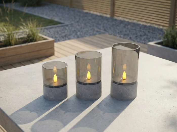 Nordic Flame, Outdoor, LED-lys, Grå, Glas, Sæt m. 3 stk., Dia:8xH:10 & Dia:8xH:12,5 & Dia:8xH:15 cm