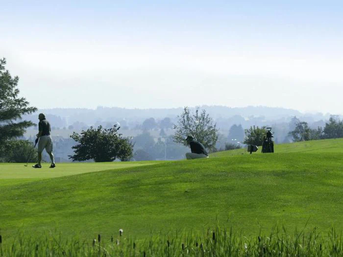 To personer på en golfbane; den ene går, mens den anden sidder på hug tæt på jorden. Golfbags er i nærheden, med træer og et diset landskab i baggrunden.