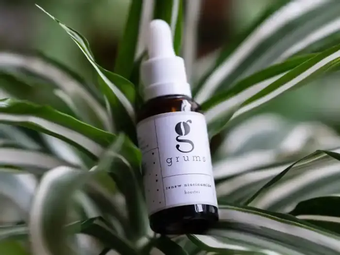 En brun dråbeflaske med påskriften grums hviler blandt grøn- og hvidstribede blade.