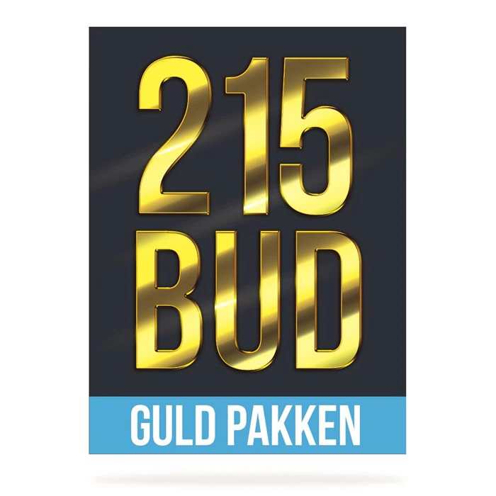 Mørkeblå plakat med store, skinnende guldtal 215 over ordet BUD og en lyseblå stribe i bunden, hvor der står GULD PAKKEN med guldbogstaver.