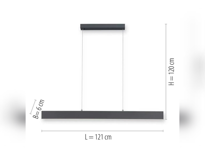 En sort rektangulær pendel med målene: længde 121 cm, højde 120 cm og bredde 6 cm, ophængt i to kabler fra et rektangulært loftbeslag.