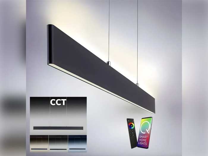 Moderne rektangulær sort pendel, der hænger ned fra loftet, med en fjernbetjening og en smartphone-app til intelligent belysning i hjemmet og et CCT-farvetemperaturdiagram nedenfor.