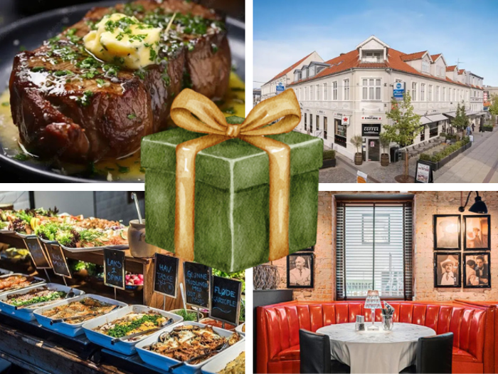 En collage, der viser en bøf med smør, en restaurantbygning, en buffet, et rundt standbord og en grøn gaveæske med et guldbånd i midten.