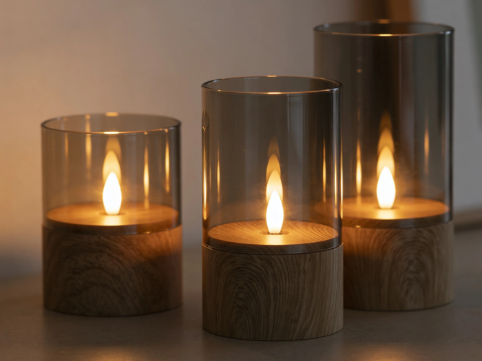 Nordic Flame, Outdoor, LED-lys, Brun, Glas, Sæt m. 3 stk., Dia:8xH:10 & Dia:8xH:12,5 & Dia:8xH:15 cm