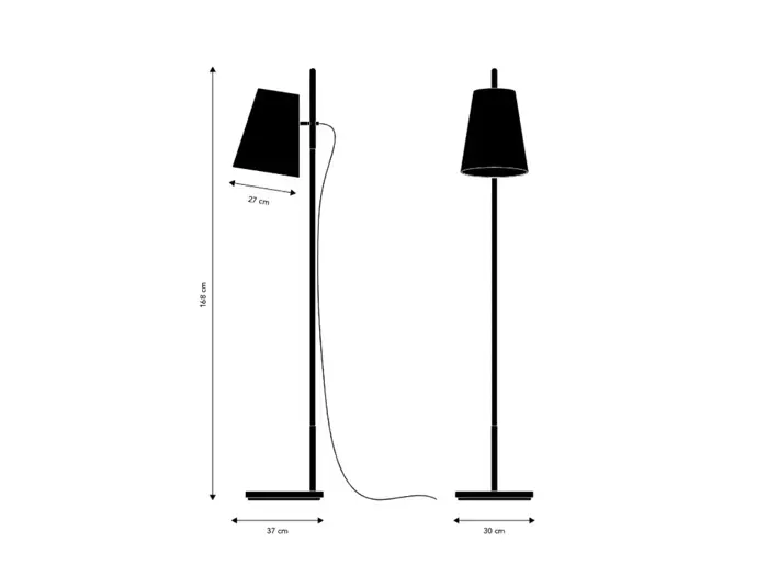 Sort gulvlampe med rund fod og vinklet lampeskærm, vist fra siden og forfra; mål: højde 149 cm, fodbredde 37 cm, skærmbredde 27 cm, foddybde 30 cm.