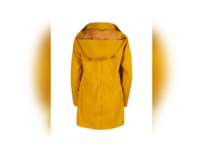 En gul regnfrakke med hætte vises bagfra på en hvid baggrund med slørede kanter.
