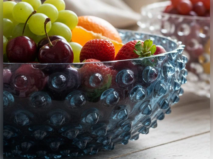 En struktureret glasskål fyldt med vindruer, kirsebær, jordbær og en appelsin står på en træplade med en anden frugtskål i baggrunden.