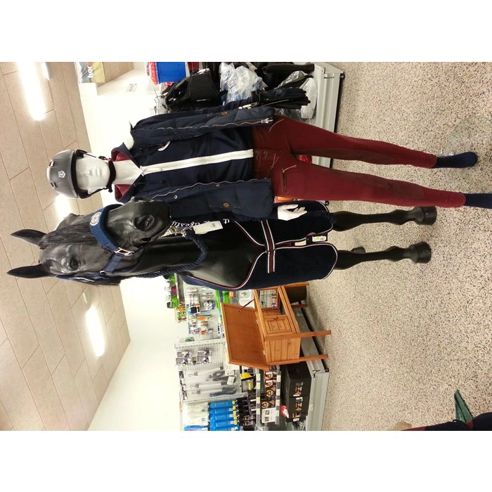 En butiksudstilling med en mannequin klædt i ridetøj, der står ved siden af en sort hestemannequin iført hovedtøj og dækken.