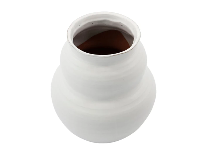 En hvid, rund keramikkrukke med bred åbning og glat, mat finish, fotograferet ovenfra på en hvid baggrund.