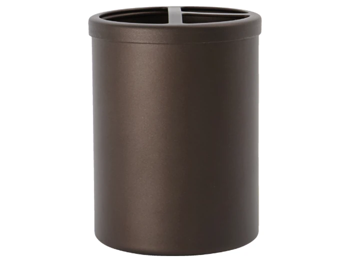 En brun, cylindrisk beholder med en delt top, som sandsynligvis blev brugt til at organisere ting som kuglepenne eller tandbørster.