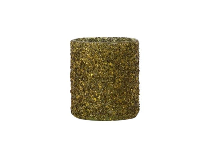 En lille cylindrisk kop eller beholder dækket af et struktureret, grønligt-gyldent, glitrende materiale, vist på en hvid baggrund.