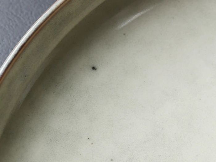 Nærbillede af en lysegrå keramiktallerken med en glat, let skinnende overflade og et par små mørke pletter. Tallerkenens kant er delvist synlig øverst til venstre.