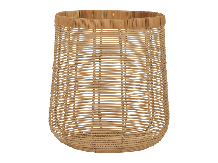 En stor, cylindrisk kurv med åbent fletmønster, naturlig lysebrun farve og ingen hanke.