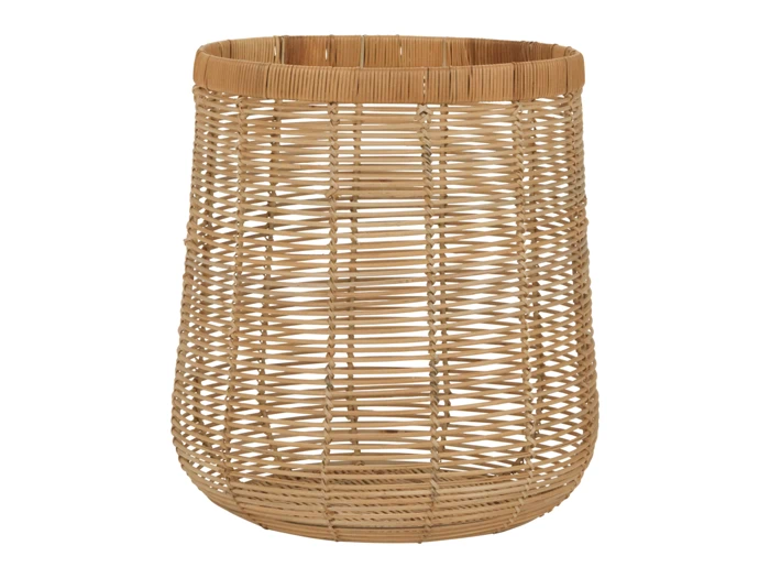En stor, cylindrisk kurv med åbent fletmønster, naturlig lysebrun farve og ingen hanke.