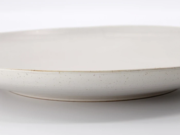 Nærbillede af en rund, lav, råhvid keramiktallerken med en let plettet overflade på en almindelig hvid baggrund.
