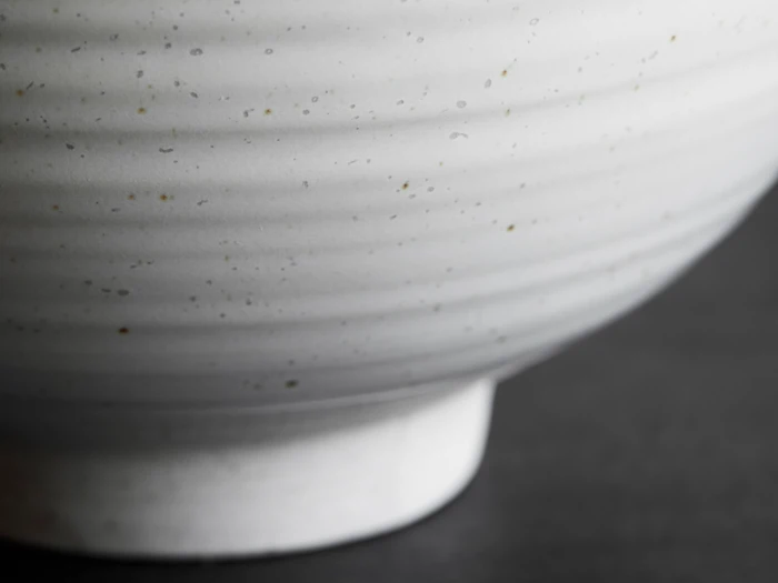 Nærbillede af en hvid keramikskål med en glat, let plettet overflade og diskrete vandrette linjer på en mørk baggrund.